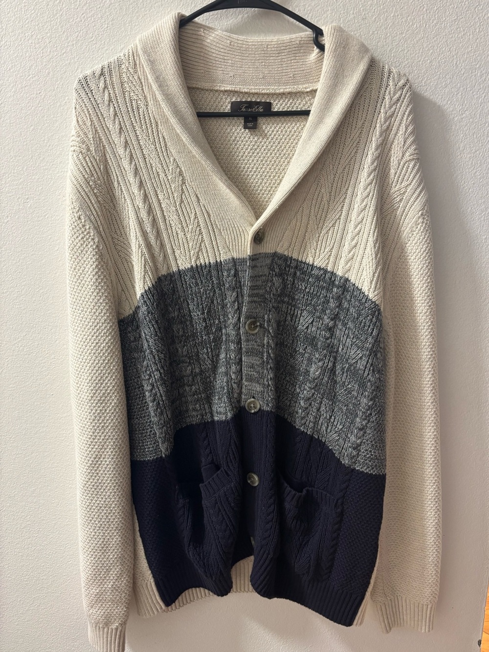 Tasso Elba Cream, Gray & Navy Shawl Collar Colorblock Cardigan